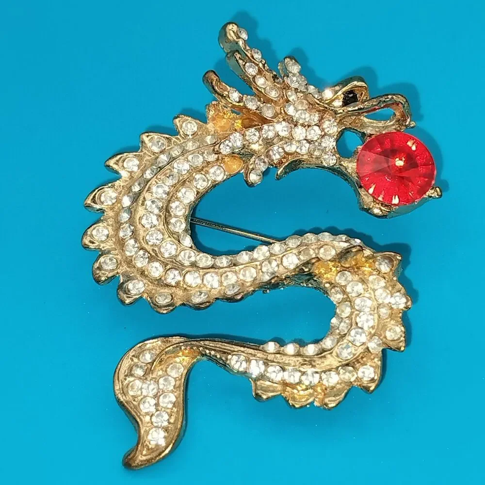 Sparkling Gold Tone Dragon Brooch Pin Red Crystal Ball Clear Rhinestones Fashion
